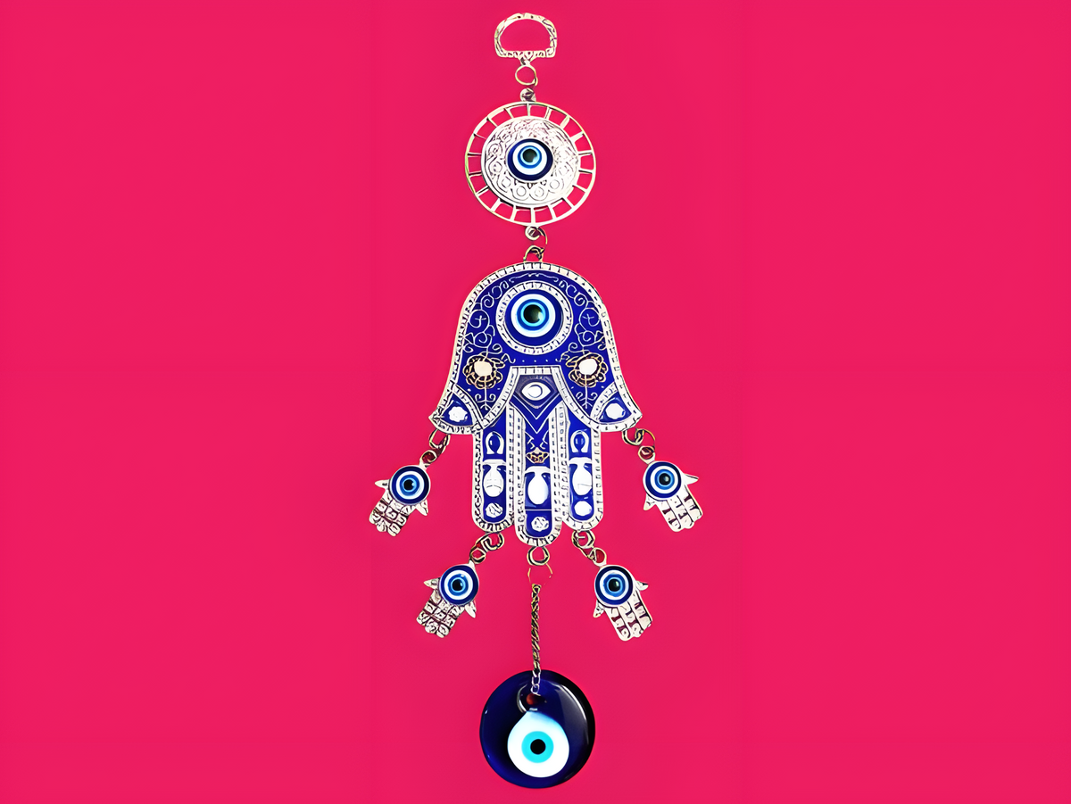 Handmade blue-beaded Hamsa and Evil Eye wall hanging, museum reproduction