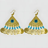 Close-up of evil eye bead detail on earrings