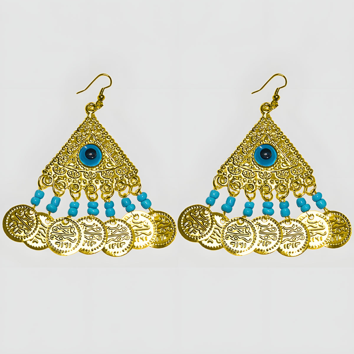 Close-up of evil eye bead detail on earrings
