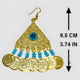 Pair of evil eye pyramid earrings displayed
