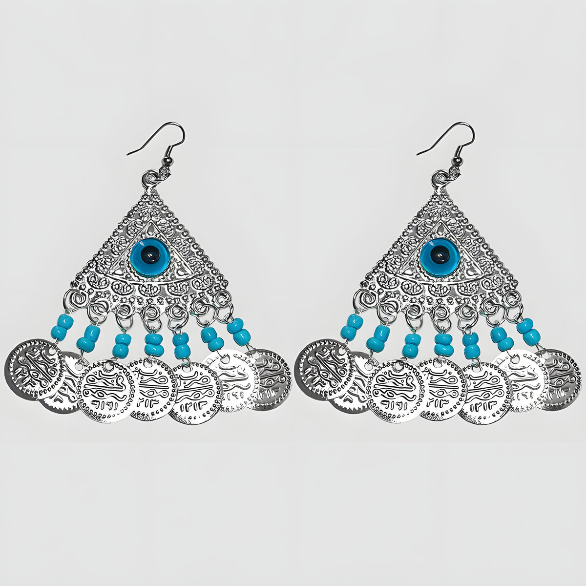 Evil eye pyramid earrings, gold and silver handmade set
