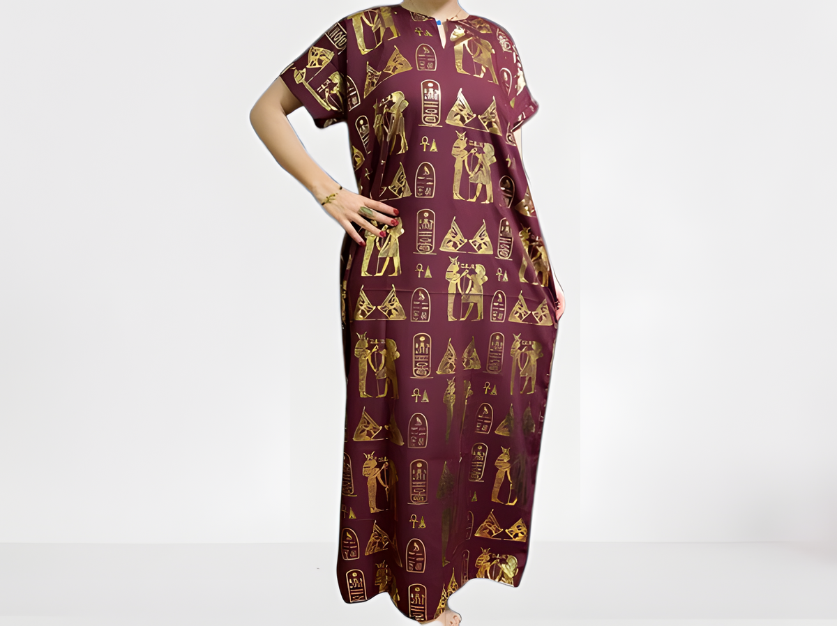 Egyptian goddess kaftan dress, handmade cotton with hieroglyphic design