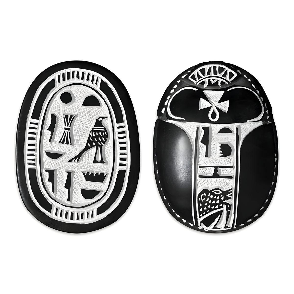 Hand-carved black stone Egyptian scarab amulet, front view