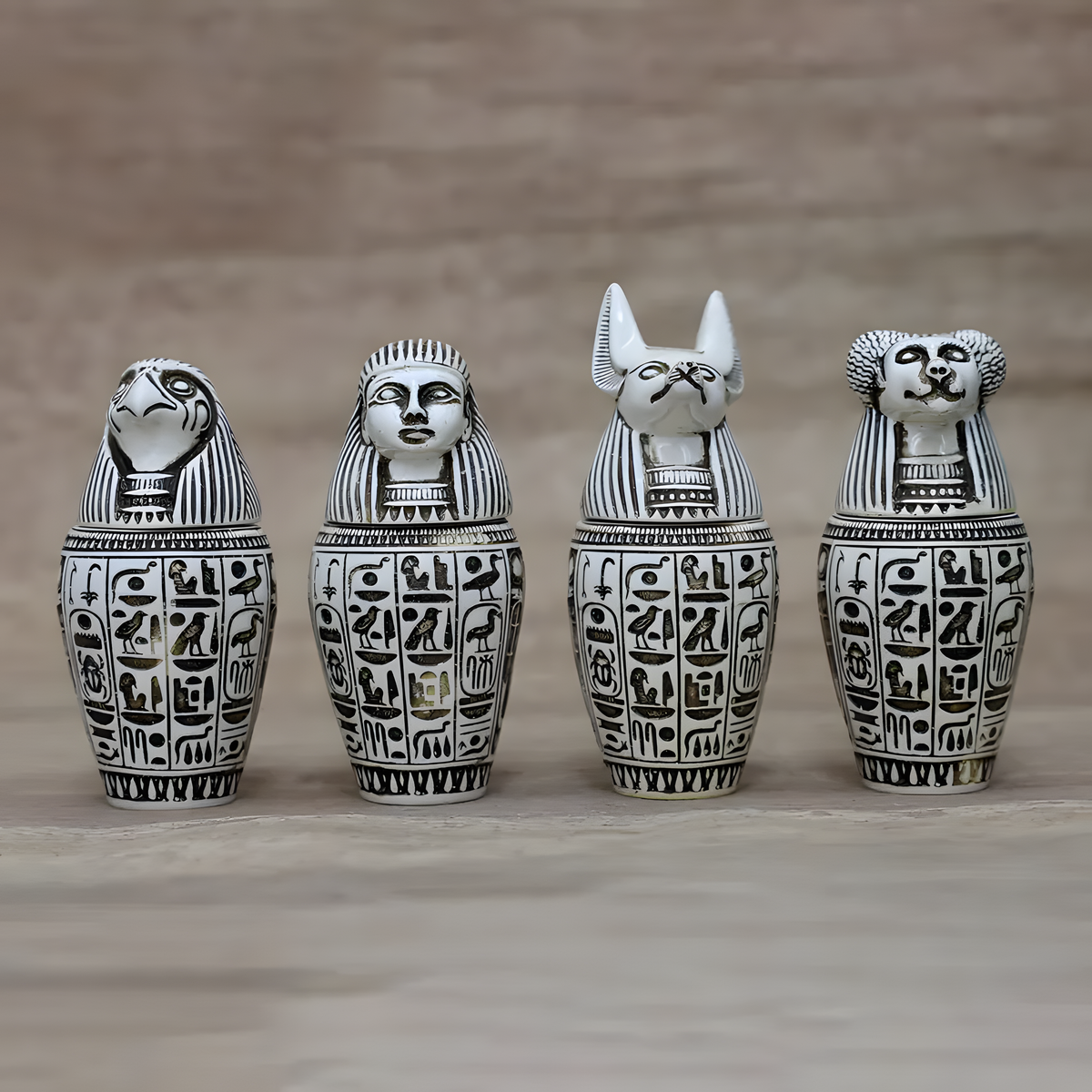 Canopic jars set replica, creamy white stone museum reproduction