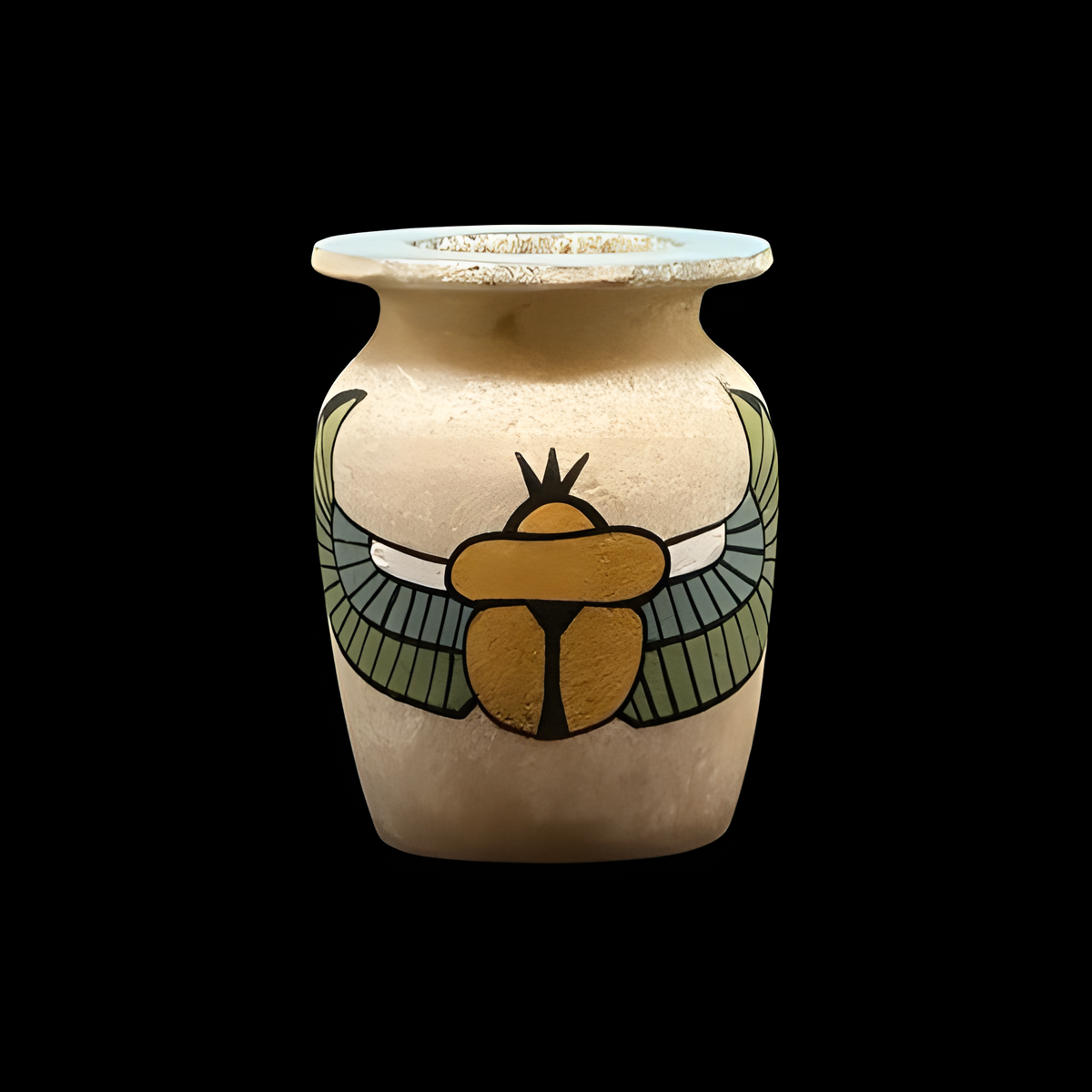 Alabaster vase replica, winged scarab hand-painted museum reproduction