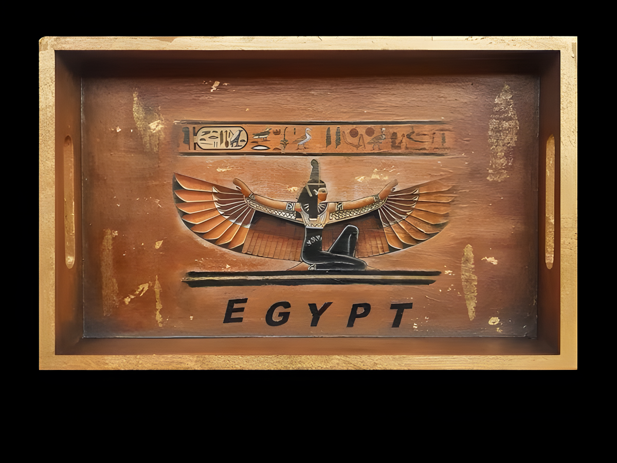 Handmade wooden tray with 24K gold leaf depicting Goddess Maat