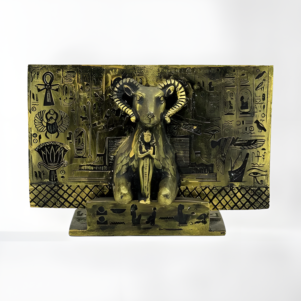 Khnum statue museum reproduction, ram-headed Egyptian god sculpture, front view