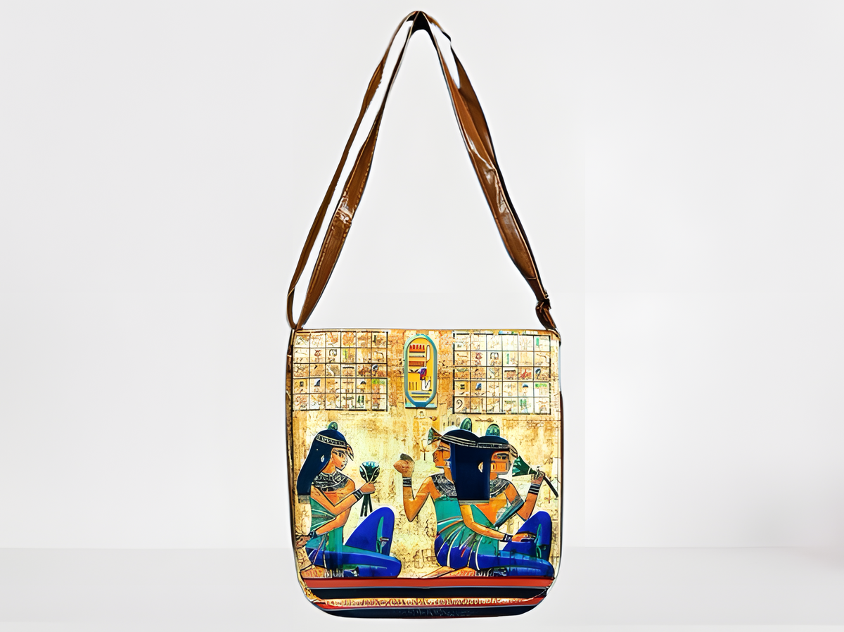 Egyptian leather crossbody bag, handmade with hieroglyphic artwork