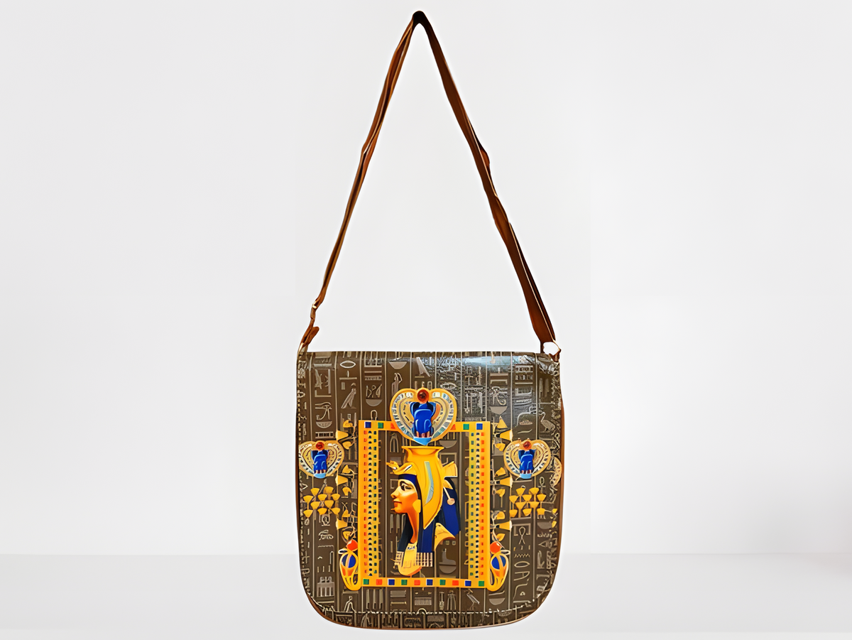 Cleopatra leather crossbody bag, handmade with hieroglyphic artwork