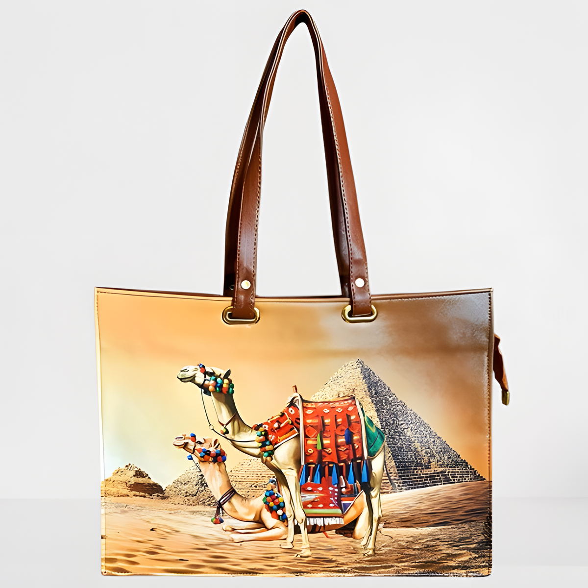 Egyptian leather tote bag, camels and pyramids design