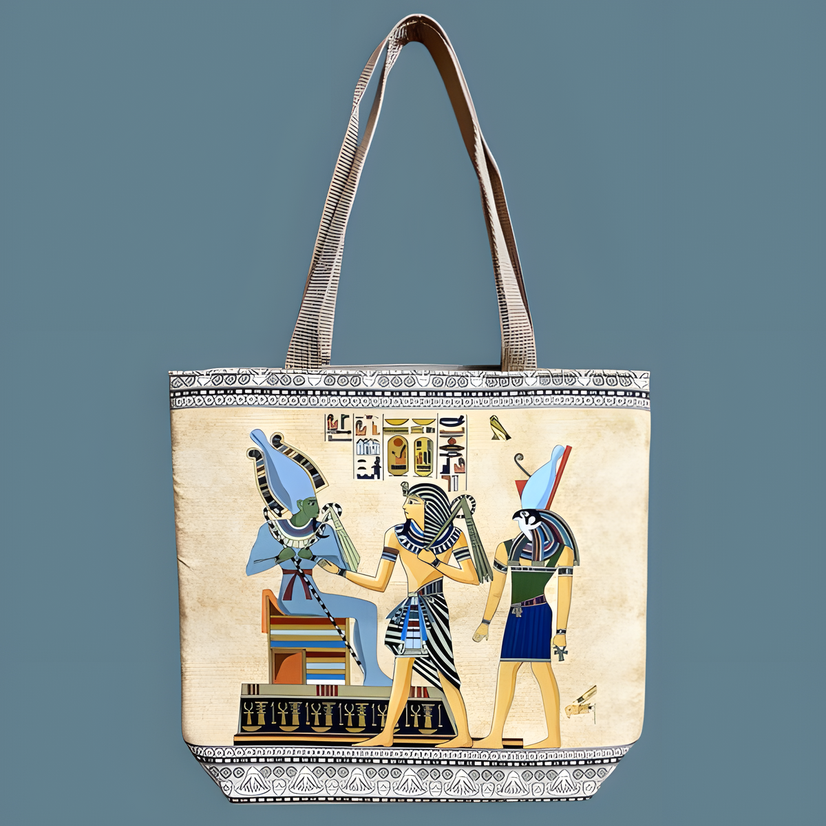 Egyptian pharaohs tote bag, hand-painted Tutankhamun Osiris Horus scene