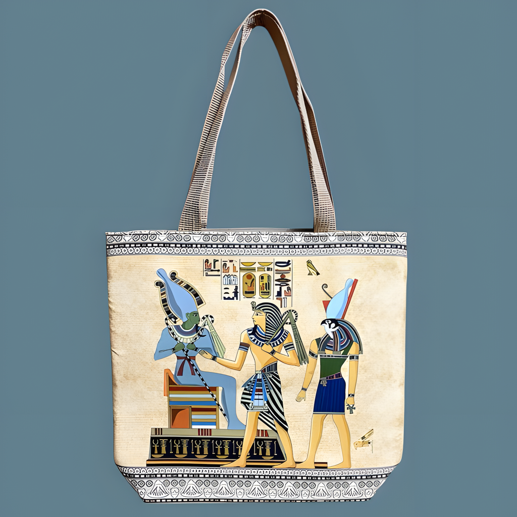 Egyptian pharaohs tote bag, hand-painted Tutankhamun Osiris Horus scene