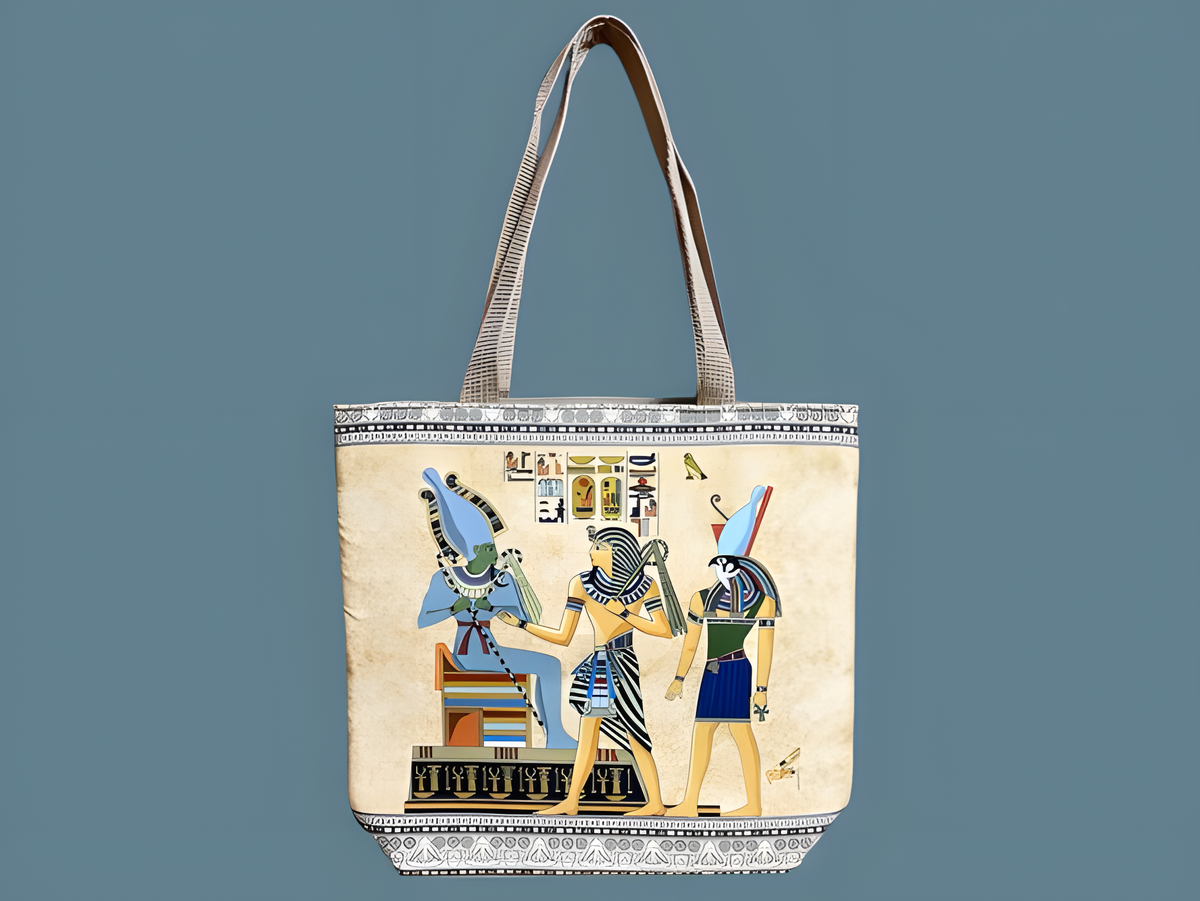 Close-up of hieroglyphic artwork on tote bag