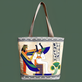 Isis and Osiris tote bag, handmade leather with hand-painted scene