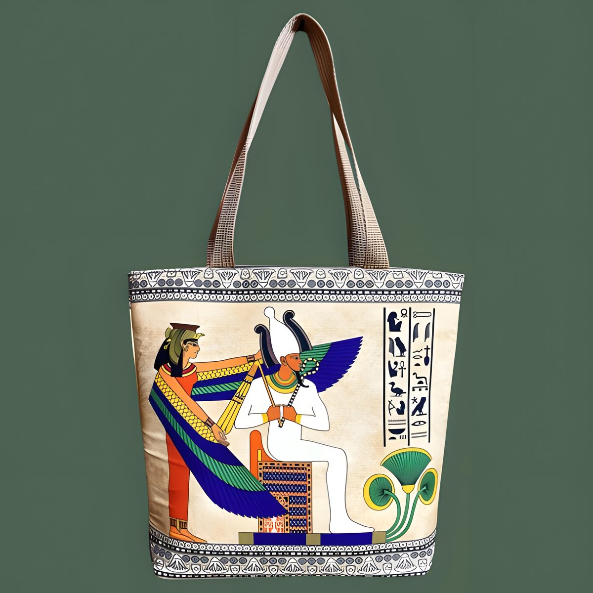 Isis and Osiris tote bag, handmade leather with hand-painted scene