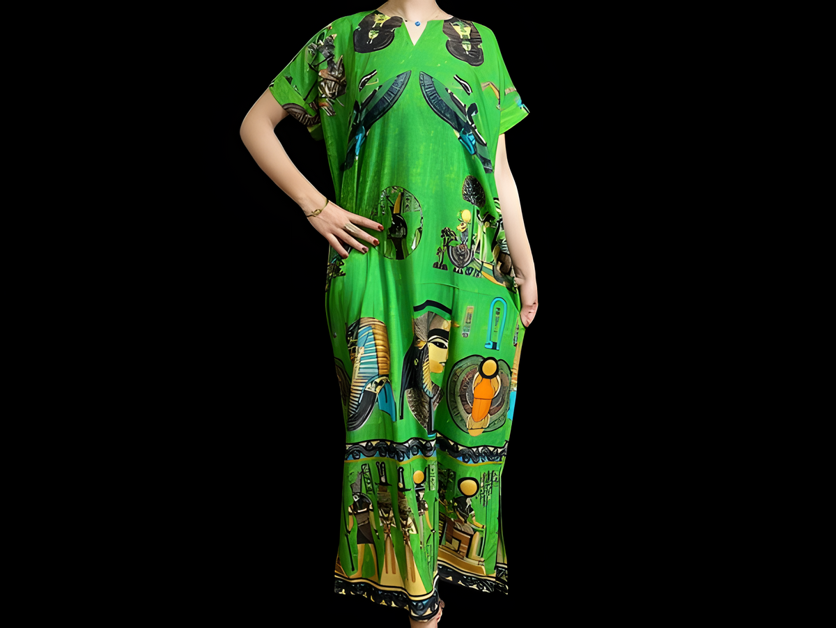 Green Egyptian goddess kaftan dress, handmade cotton