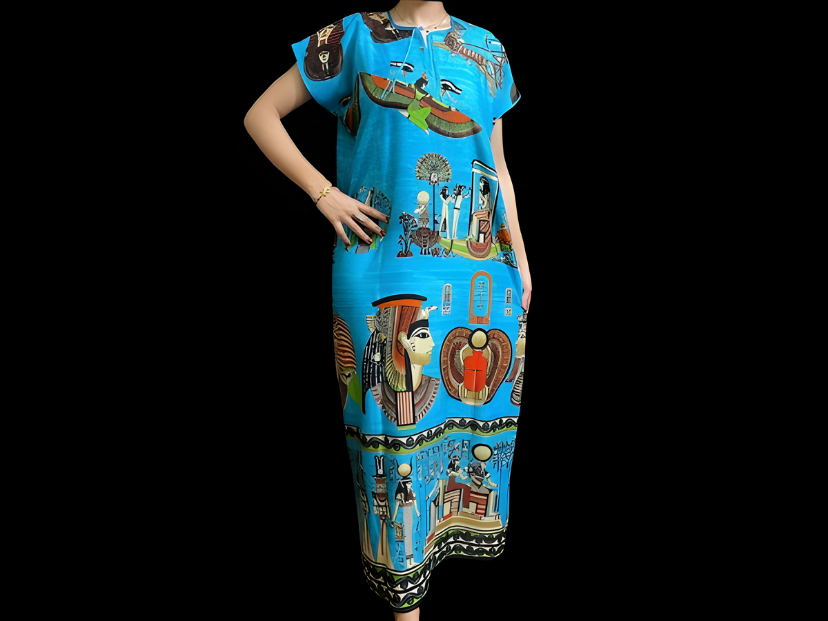 Goddess Isis kaftan dress, handmade cotton with hieroglyphic motifs