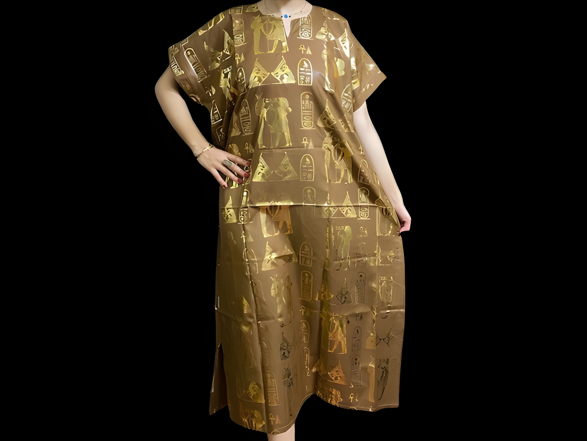 Golden goddess hieroglyphic kaftan, handmade cotton