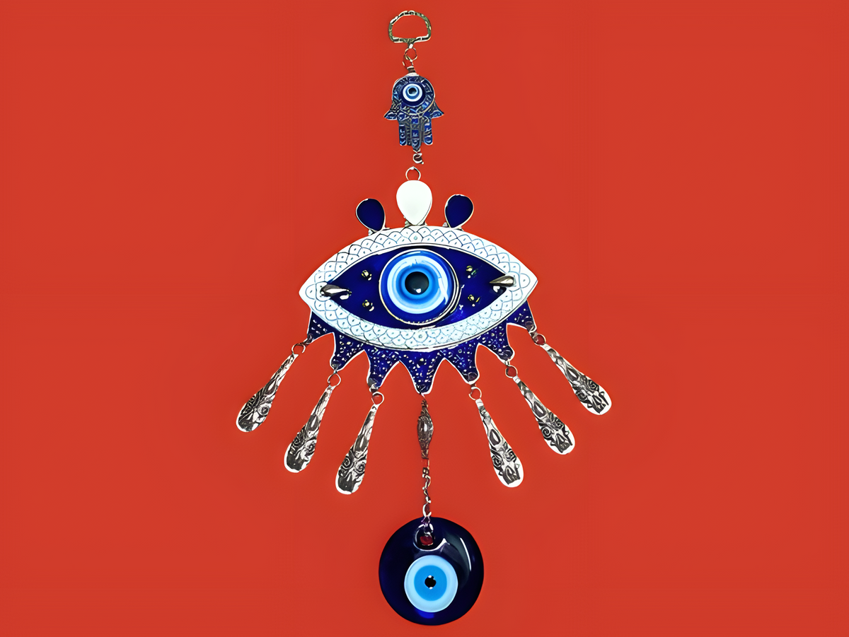 Evil eye and Hamsa wall hanging amulet, handmade blue-beaded