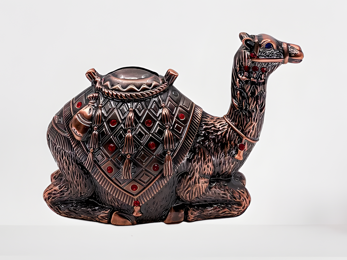 Egyptian camel coin bank, handmade copper with gemstone accents