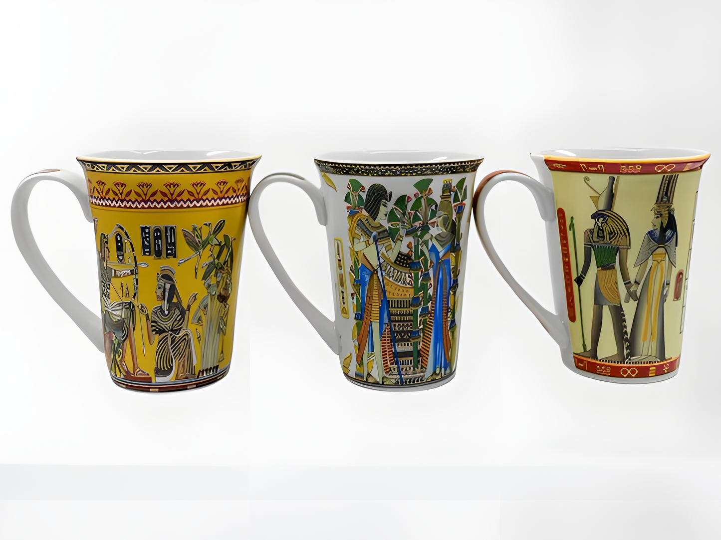 Close-up of Dancers of Nebamun artwork on mug set
