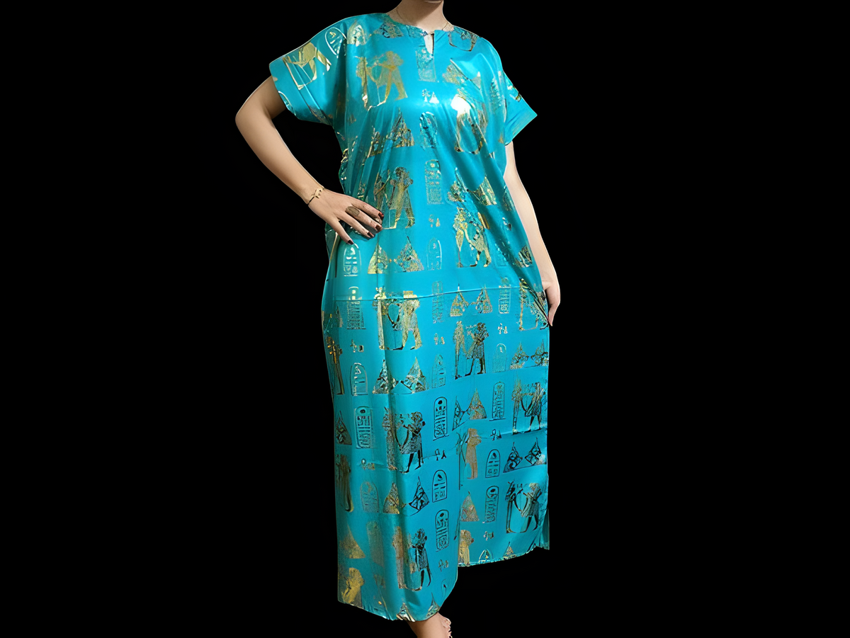 Turquoise Egyptian goddess kaftan dress, handmade cotton