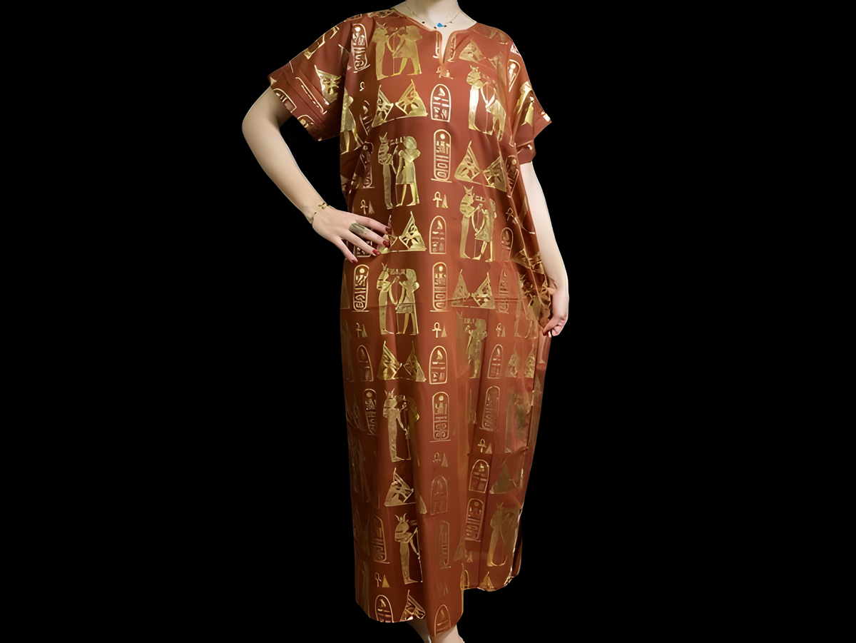 Bronze Egyptian goddess kaftan dress, handmade cotton