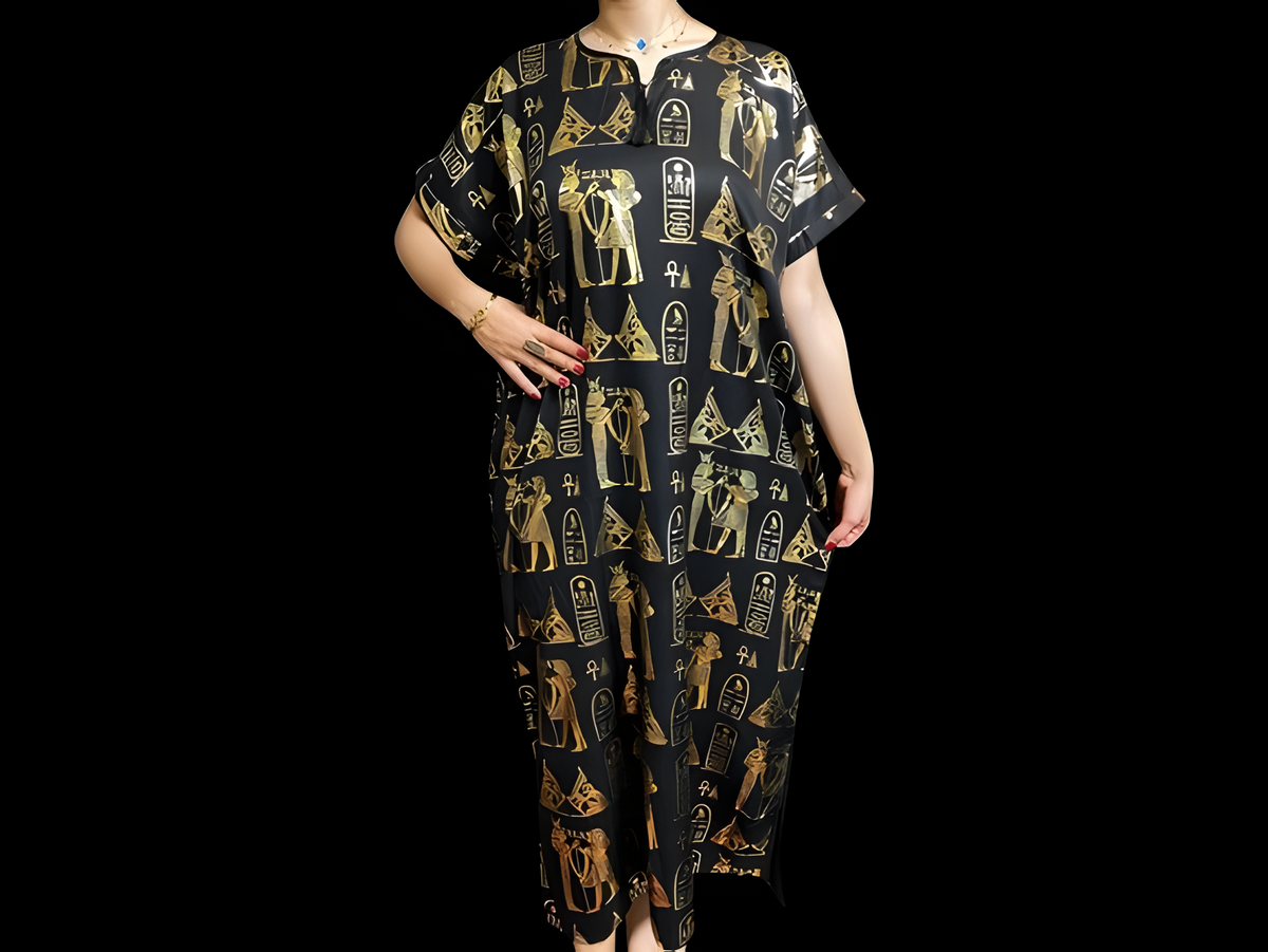 Black Egyptian goddess kaftan dress with gold accents, handmade cotton