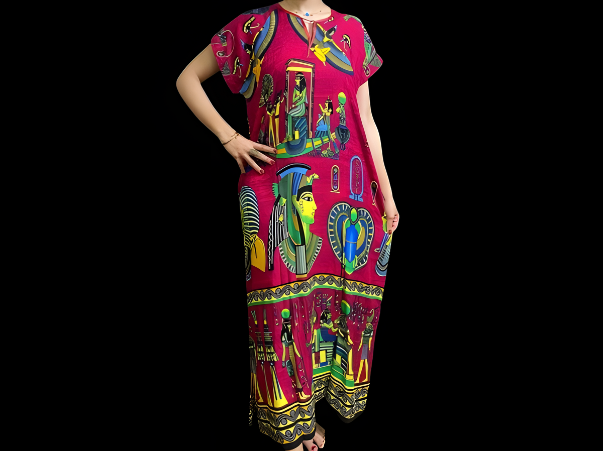Royal amethyst and crimson Egyptian goddess kaftan dress, handmade cotton