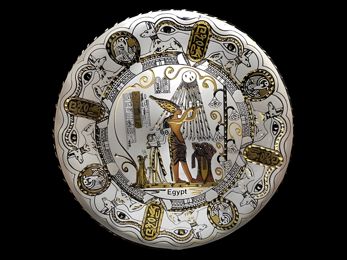 Egyptian wall hanging plate, Akhenaten and Nefertiti handmade ceramic
