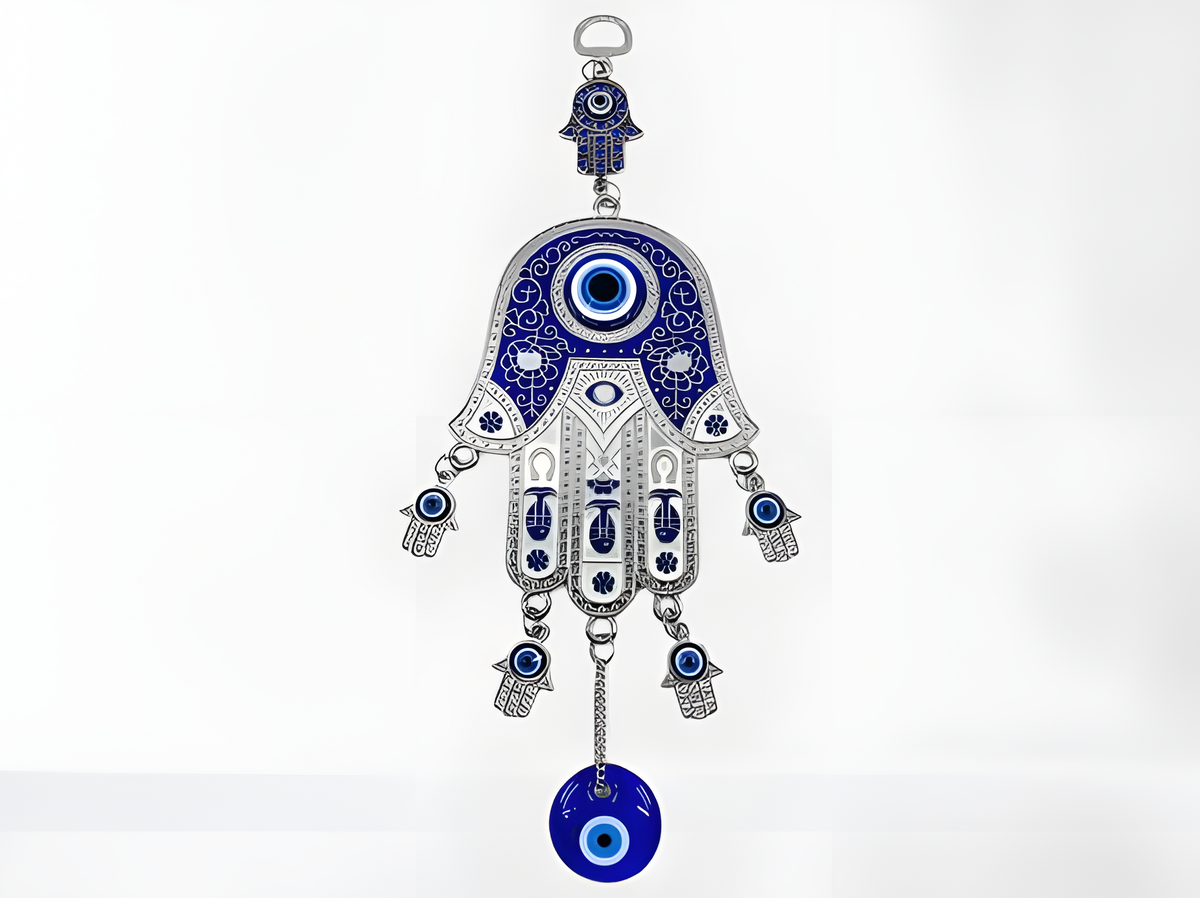 Hamsa hand wall hanging amulet, handmade blue-beaded