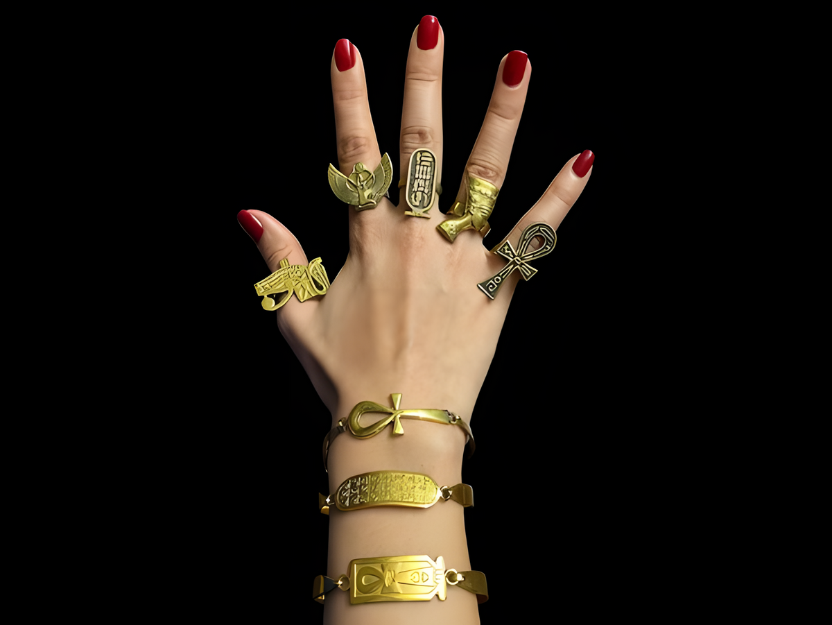 Cleopatra-inspired hand jewelry set, 5 rings and 3 bracelets handmade