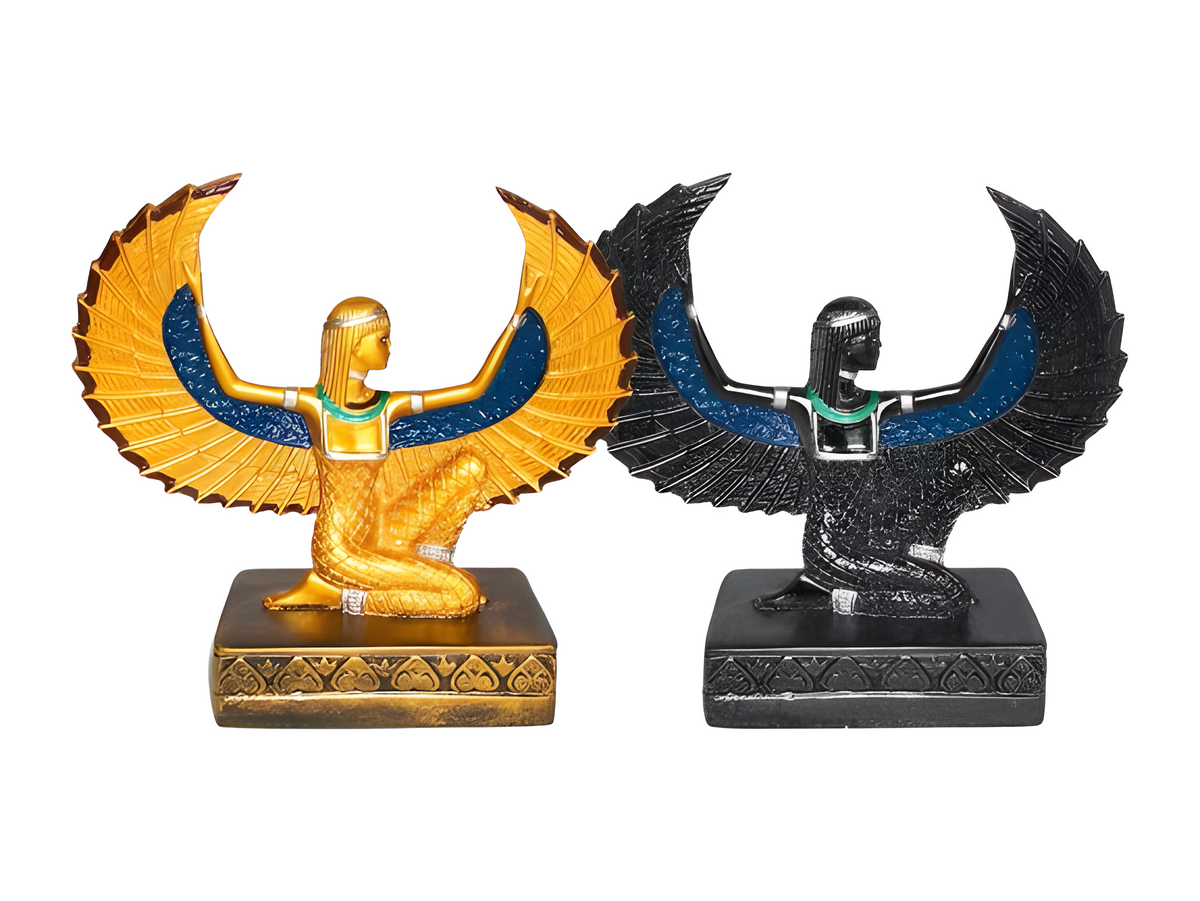 Isis statue replica, golden winged small museum reproduction