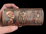 Handmade Egyptian copper alloy jewelry box featuring King Tutankhamun, Queen Cleopatra, and Queen Nefertiti designs