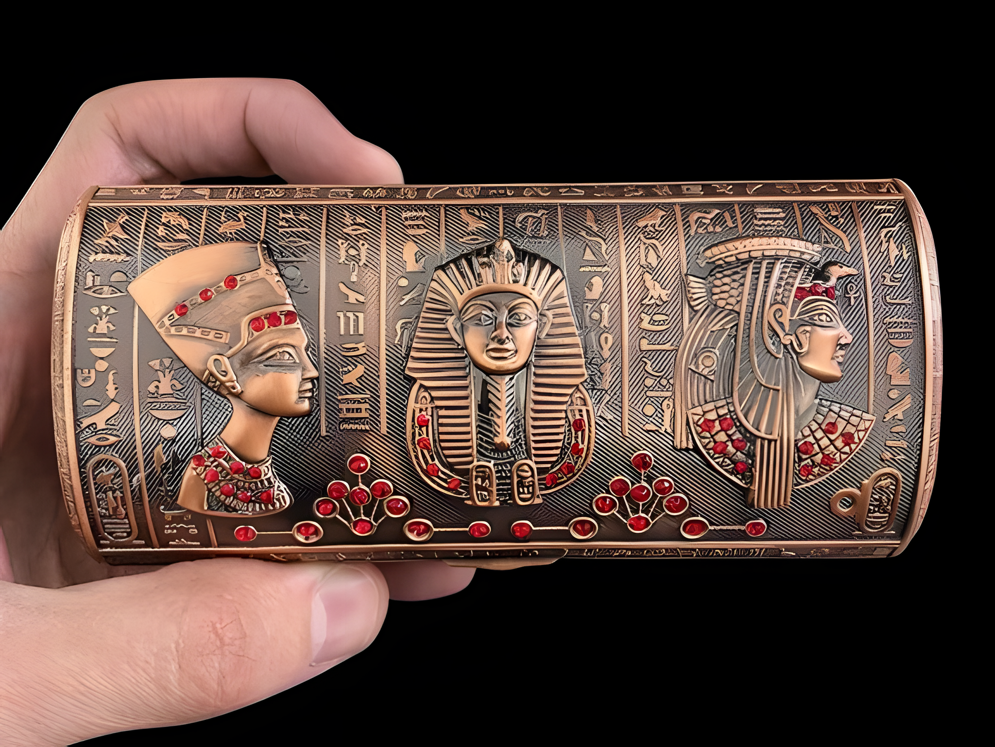 Handmade Egyptian copper alloy jewelry box featuring King Tutankhamun, Queen Cleopatra, and Queen Nefertiti designs