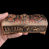 Handmade Egyptian copper alloy jewelry box featuring King Tutankhamun, Queen Cleopatra, and Queen Nefertiti designs