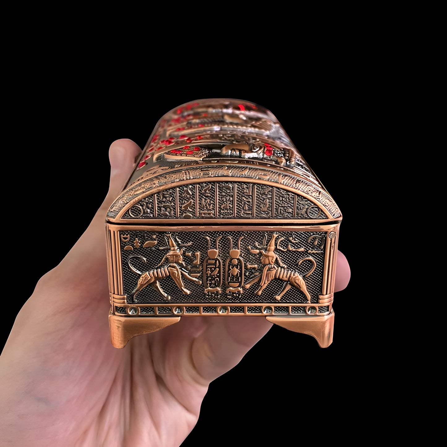 Handmade Egyptian copper alloy jewelry box featuring King Tutankhamun, Queen Cleopatra, and Queen Nefertiti designs