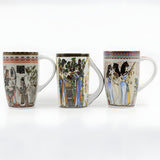 Set of 3 handmade Egyptian ceramic mugs with hieroglyphic and pharaoh-inspired artwork