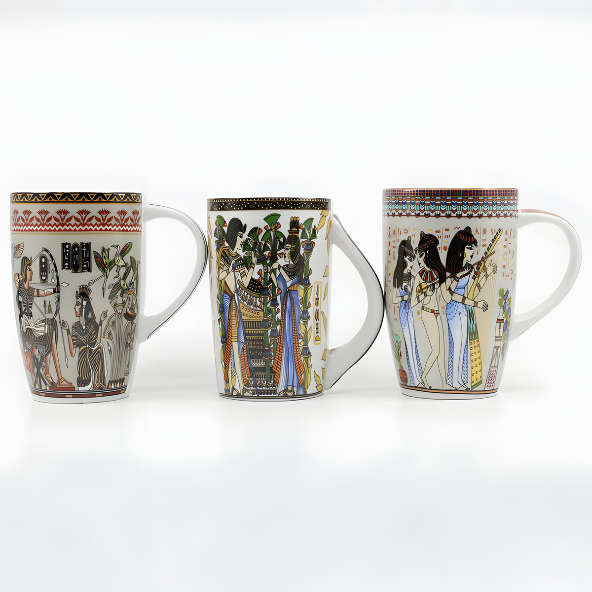 Set of 3 handmade Egyptian ceramic mugs with hieroglyphic and pharaoh-inspired artwork