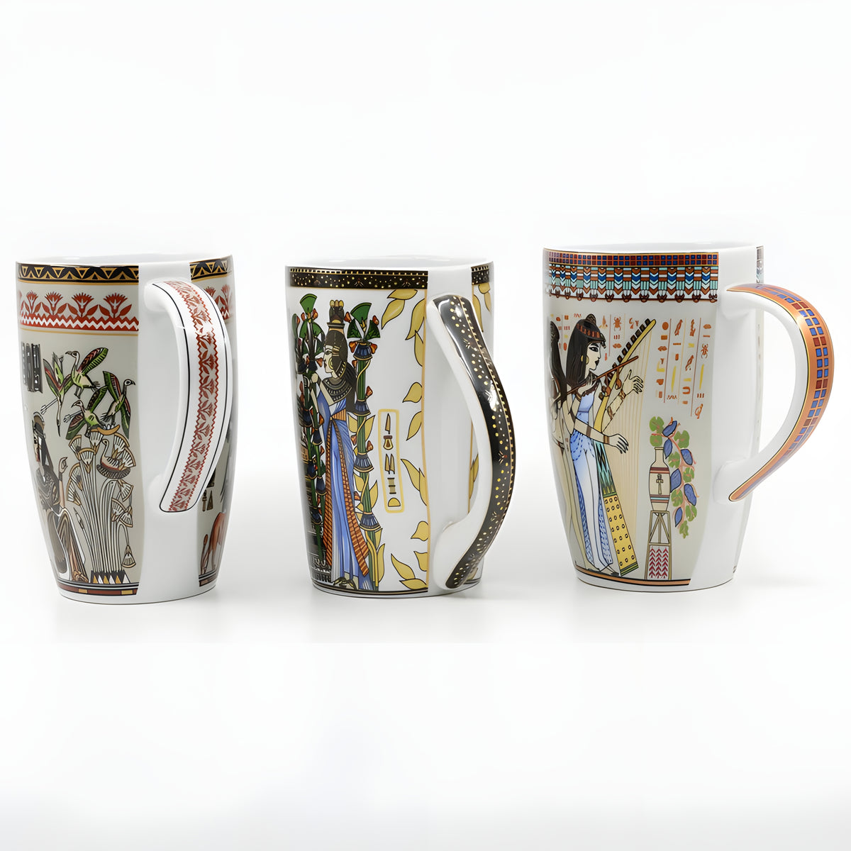 Set of 3 handmade Egyptian ceramic mugs with hieroglyphic and pharaoh-inspired artwork