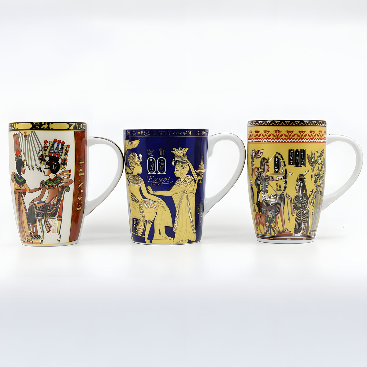 Set of 3 handmade Egyptian ceramic mugs with pharaoh-inspired artwork, Style 2