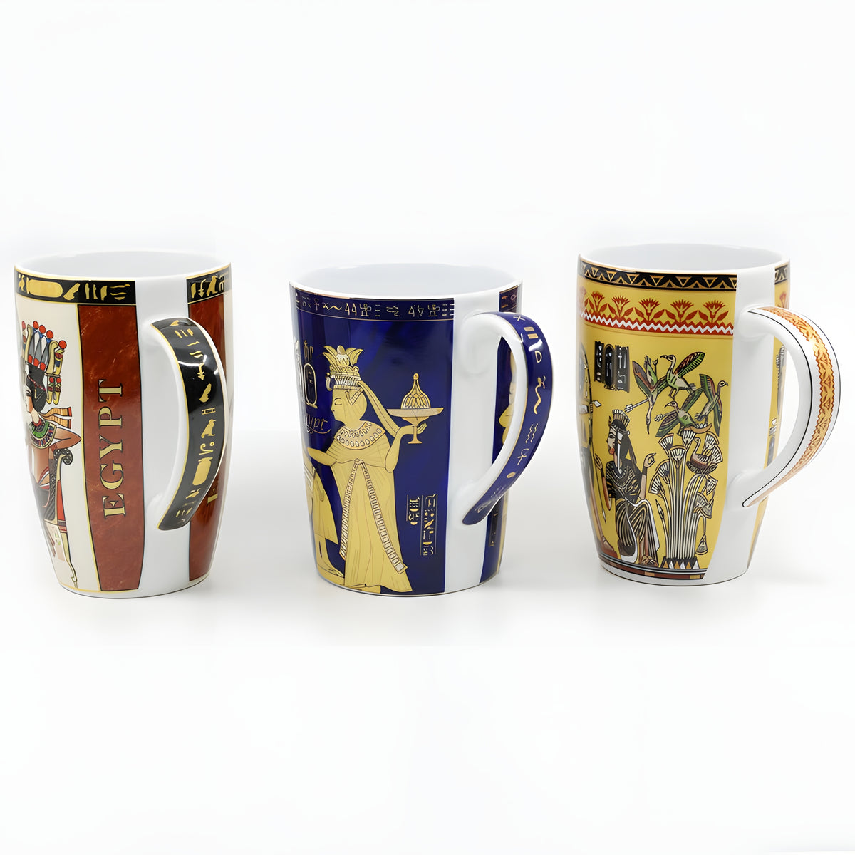 Set of 3 handmade Egyptian ceramic mugs with pharaoh-inspired artwork, Style 2