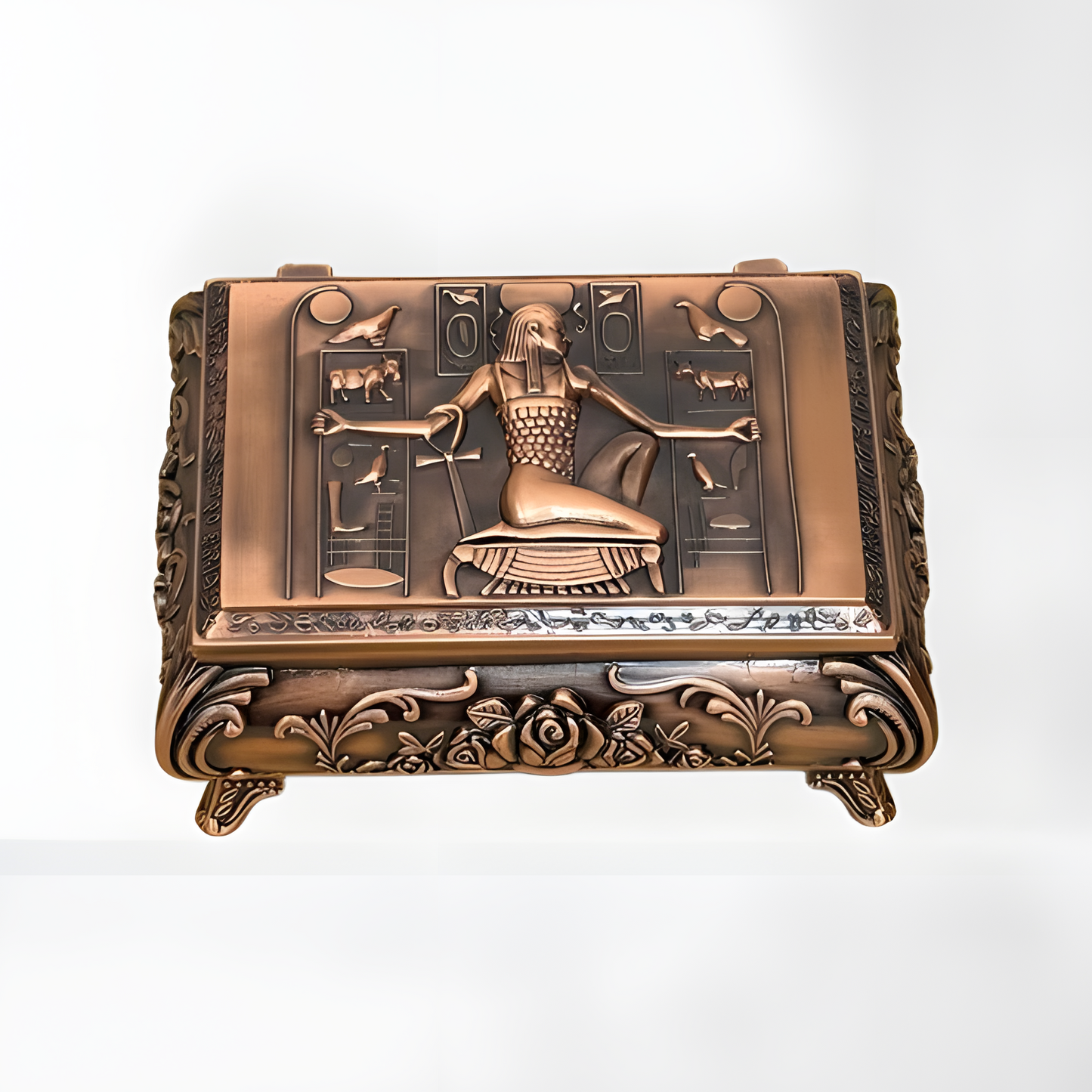 Handmade Egyptian copper alloy jewelry box decorated with the god Heh