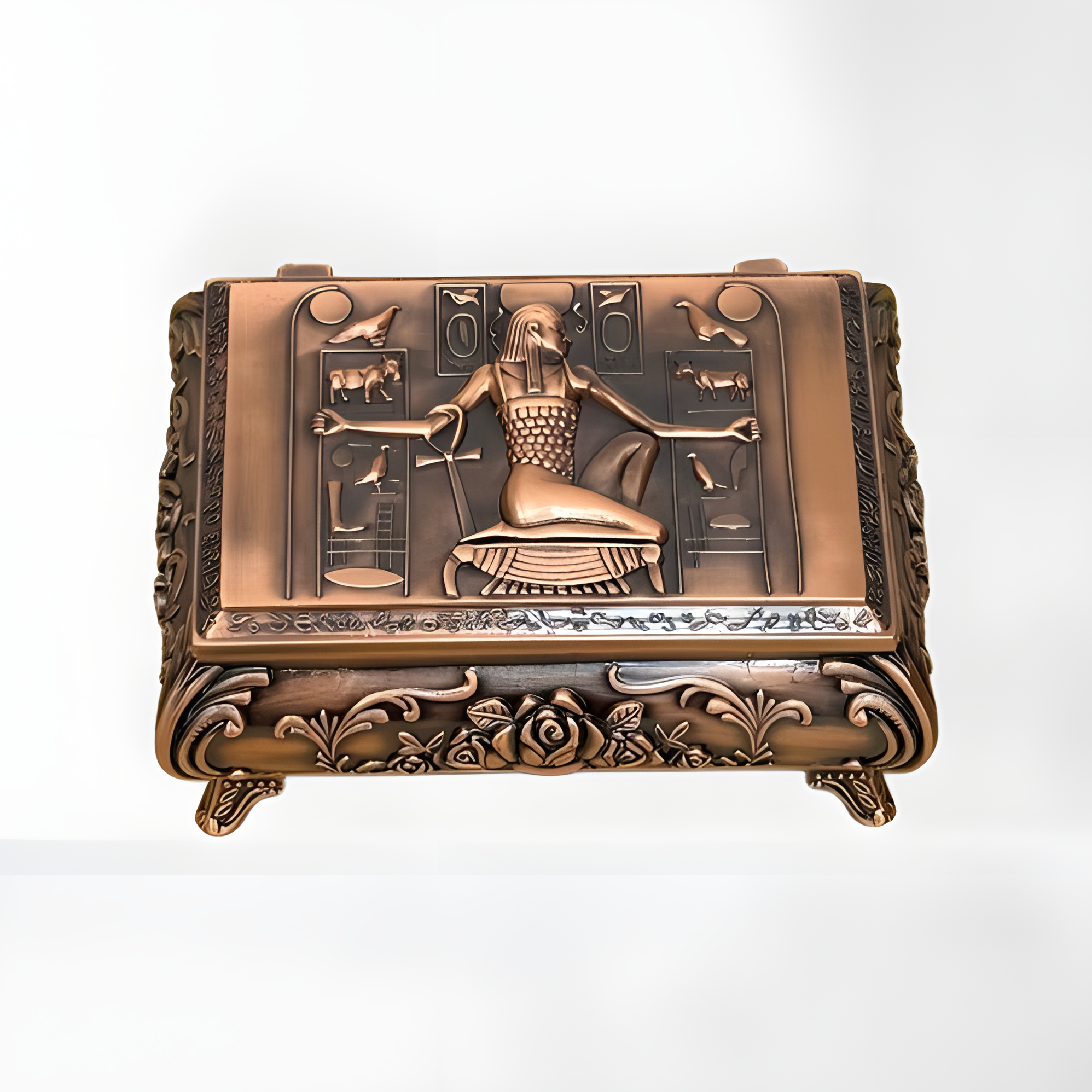 Handmade Egyptian copper alloy jewelry box decorated with the god Heh
