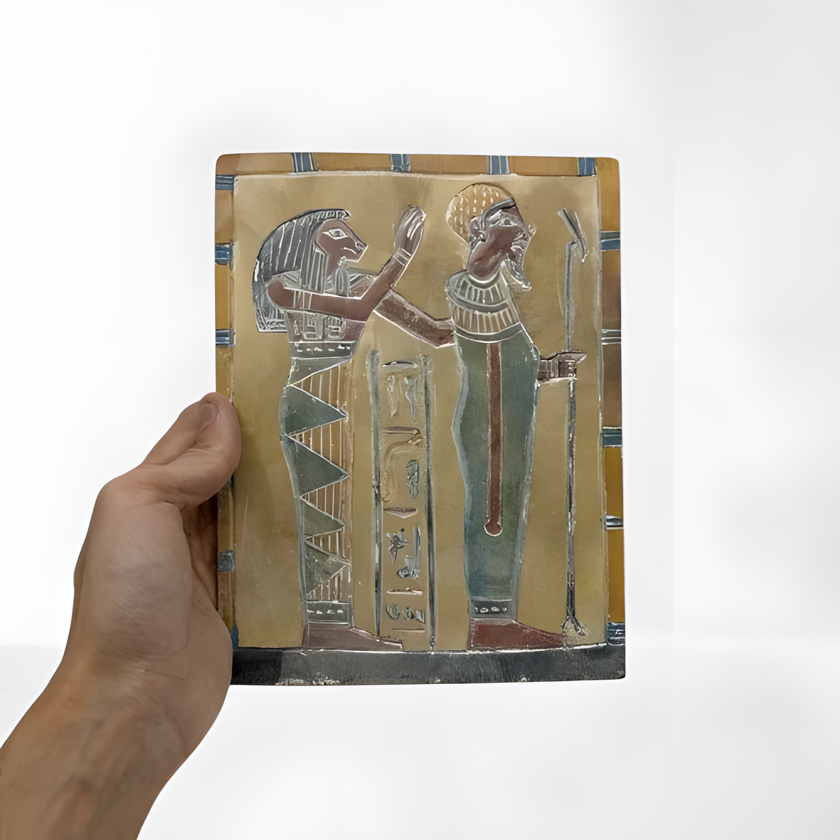 Hand-carved stone stele of the Egyptian god Ptah, museum reproduction wall tablet