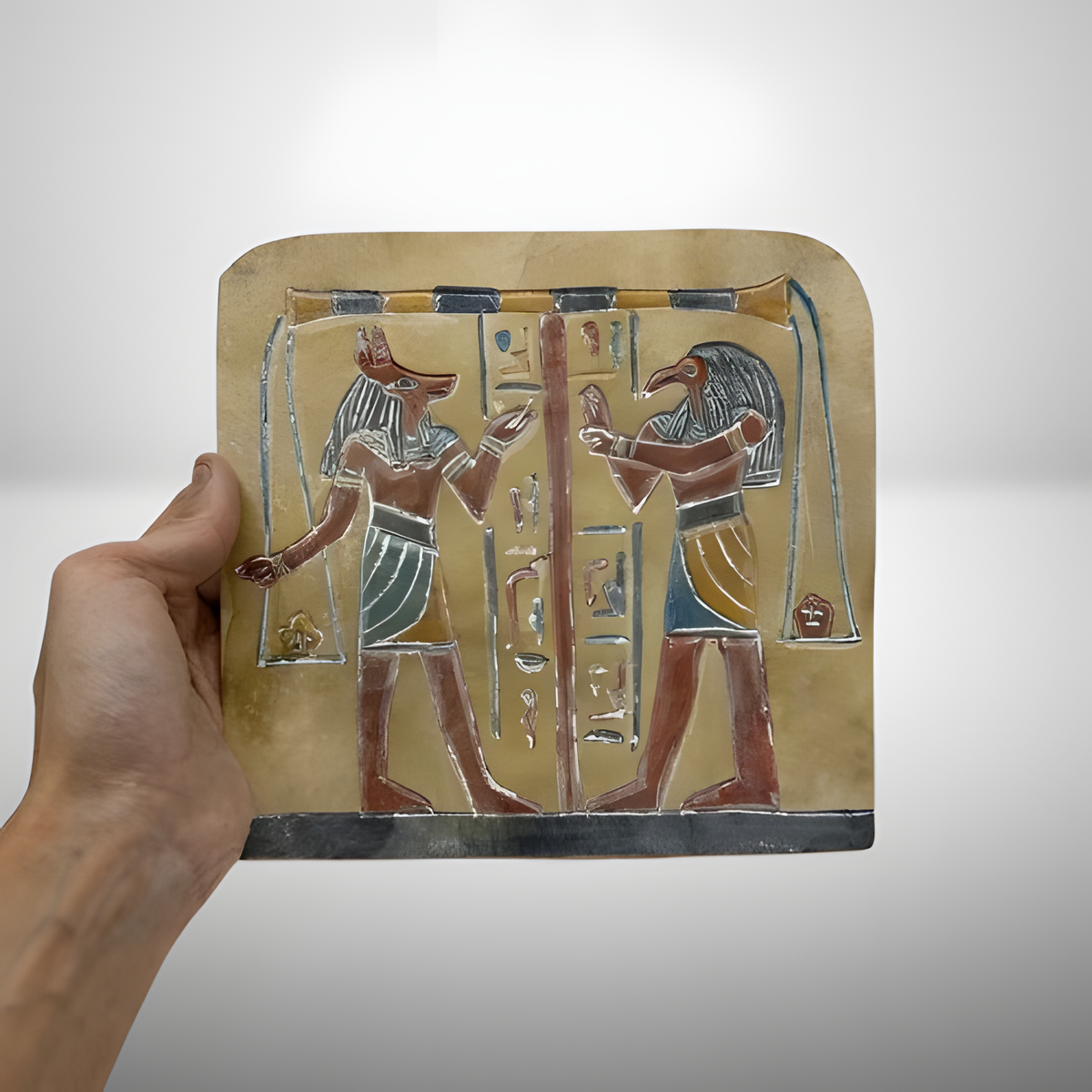 Hand-carved stone stele depicting the Weighing of the Heart scene with Anubis, museum reproduction wall tablet