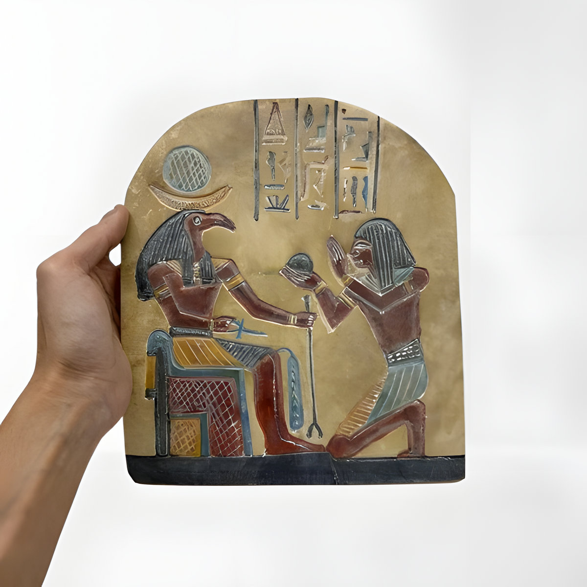 Hand-carved stone stele of the Egyptian moon god Khonsu, museum reproduction wall tablet