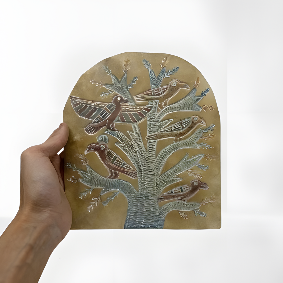 Hand-carved stone stele of the Egyptian Tree of Life symbol, museum reproduction wall tablet
