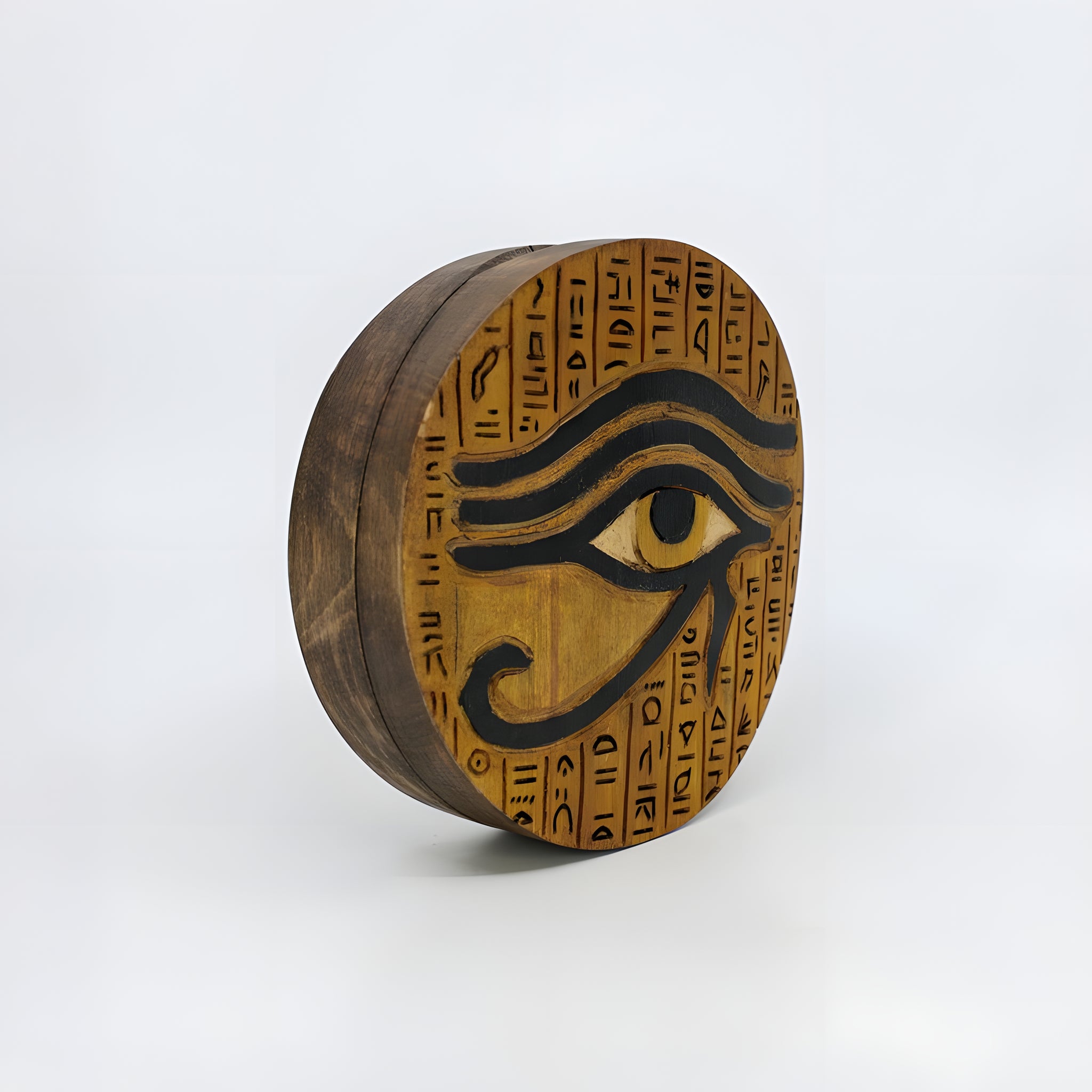 Wooden Eye of Horus jewelry box, open view showing interior storage