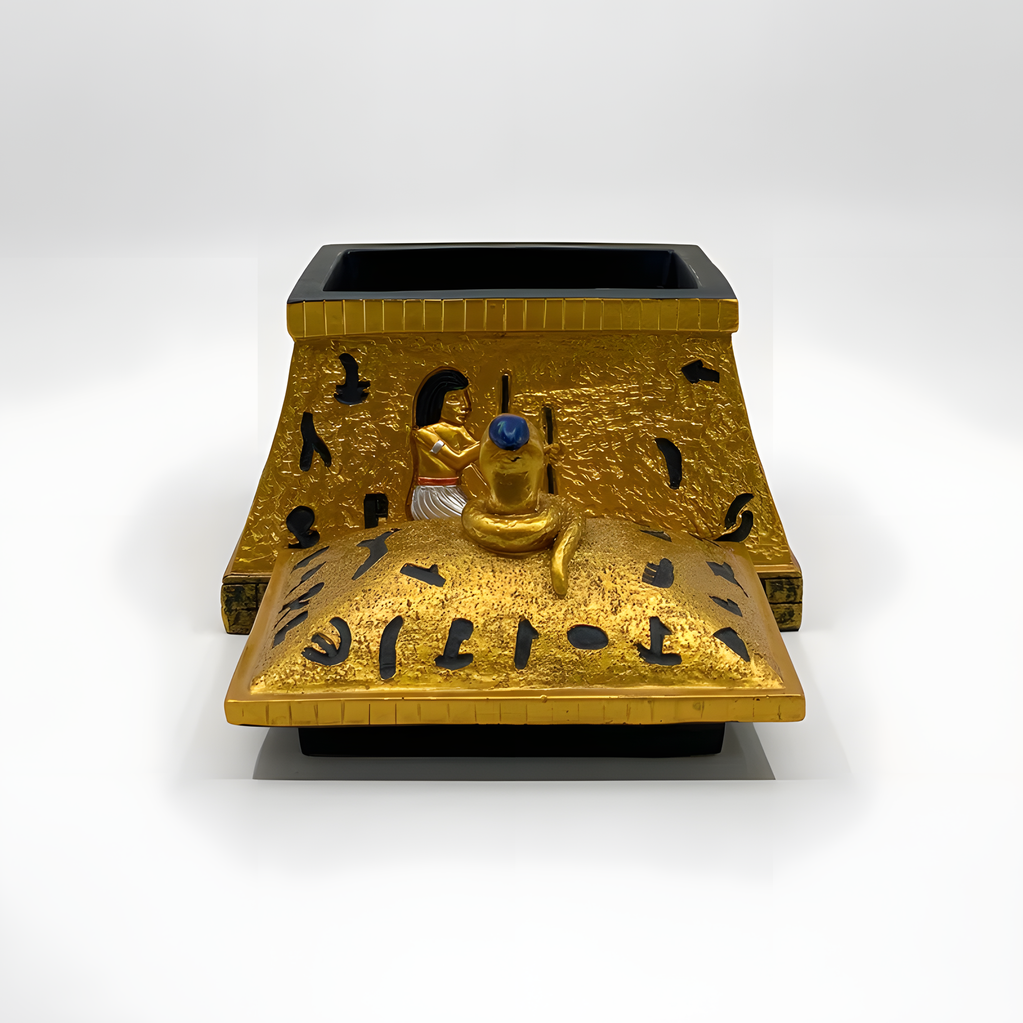 Handmade Egyptian polystone jewelry box with golden hieroglyphic and Pharaonic artwork